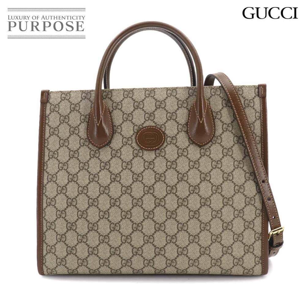 Gucci Interlocking GG Tote GG Supreme Leather Shoulder Bag Beige Brown